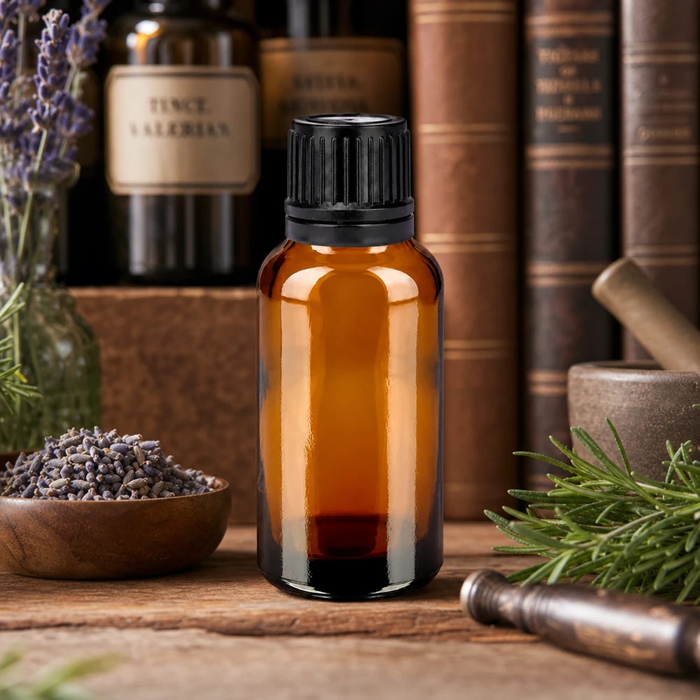 Bottiglia da 30ml 11mm SV nero OV BrownLine UT18/30 Robusto flacone da 30 ml in vetro ambrato resistente ai raggi UV, con tappo a vite nero e sicuro.