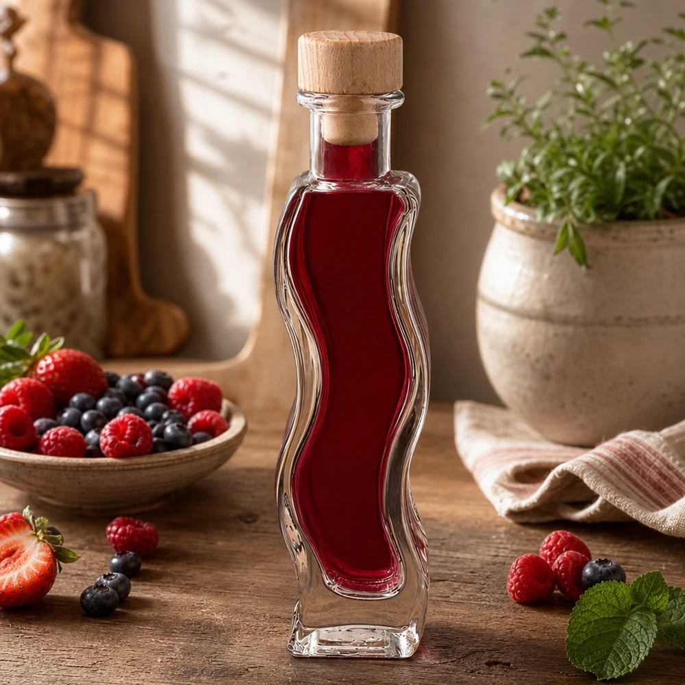 Bottiglia di vetro da 100 ml di Melissa riempita con succo di bacche circondato da fragole fresche lamponi mirtilli tappo di legno