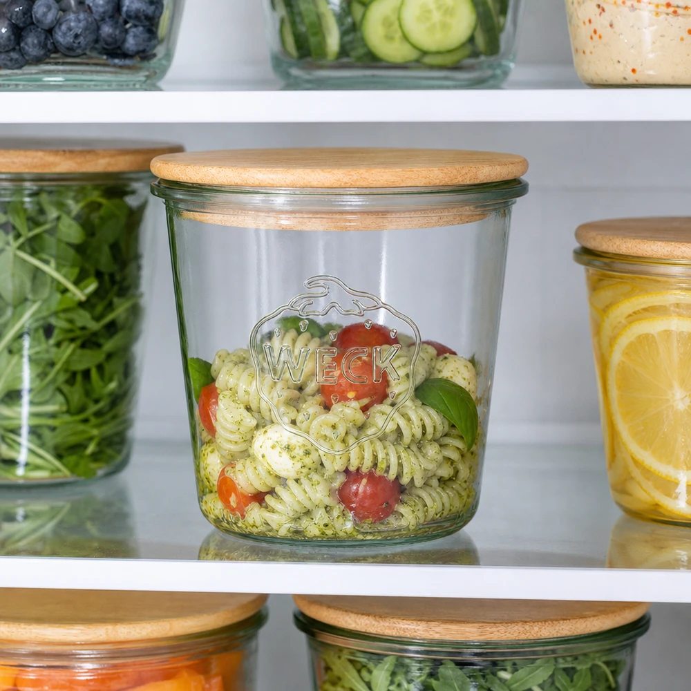 580ml WECK RR100 tumbler con coperchio di legno WECK vaso in muratura da 580 ml con coperchio in legno riempito di insalata di pasta in frigorifero per la conservazione di alimenti freschi