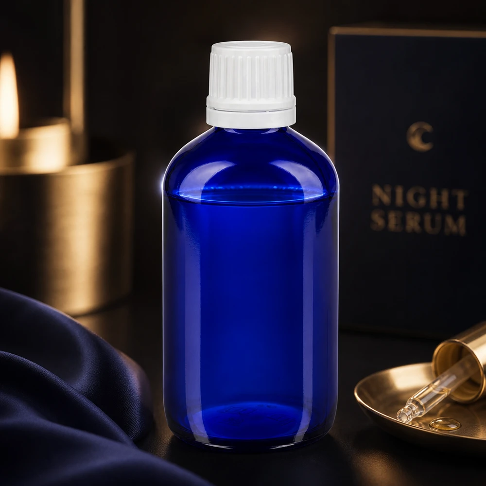 Vaso da farmacia blu da 20 ml con dosatore a gocce da 1,2 mm e tappo a vite bianco con chiusura di sicurezza per bambini