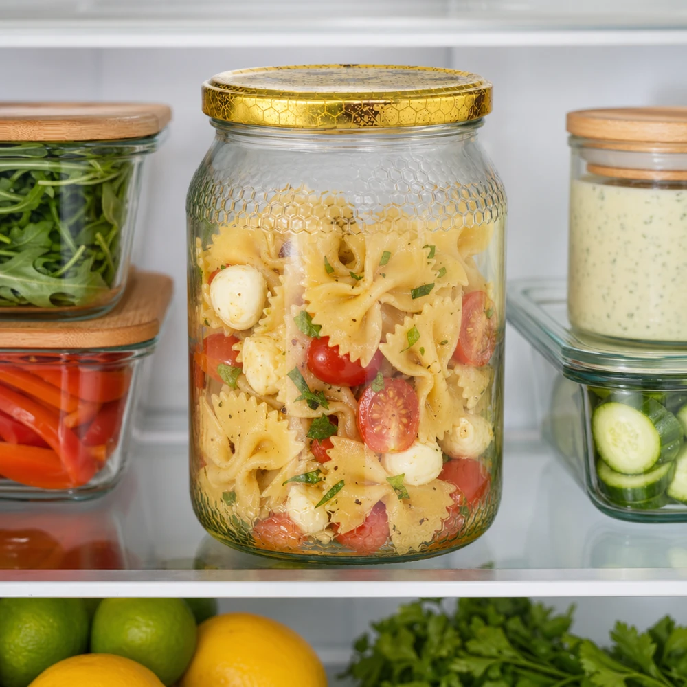 Vasetto per miele da 1260 g con capsula bianca BasicSeal UNiTWIST 900ml Honigglas mit goldenem Bienenwaben-Deckel zur Nudelsalat-Aufbewahrung im Kühlschrank zwischen anderen Vorratsgläse