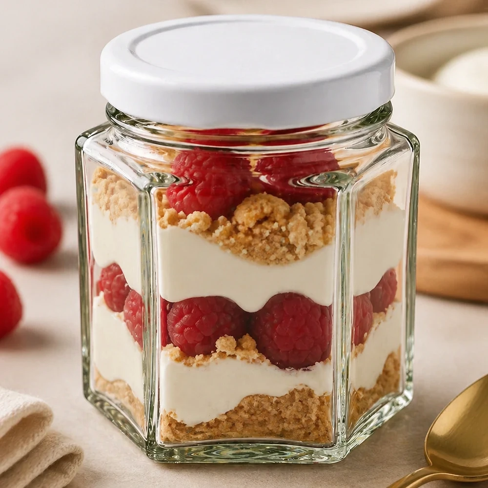 Barattolo hexa da 47 ml con coperchio BasicSeal bianco UNiTWIST Bicchiere hexa da 47 ml con coperchio BasicSeal bianco come bicchiere da dessert riempito con un dessert a strati di frutti di bosco e panna