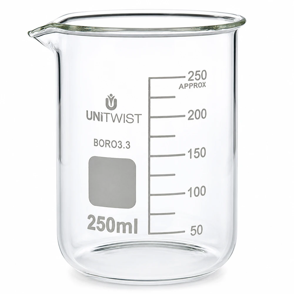 Bicchiere da 250 ml in borosilicato, modello basso UNiTWIST, con scala graduata in millilitri fino a 250 ml