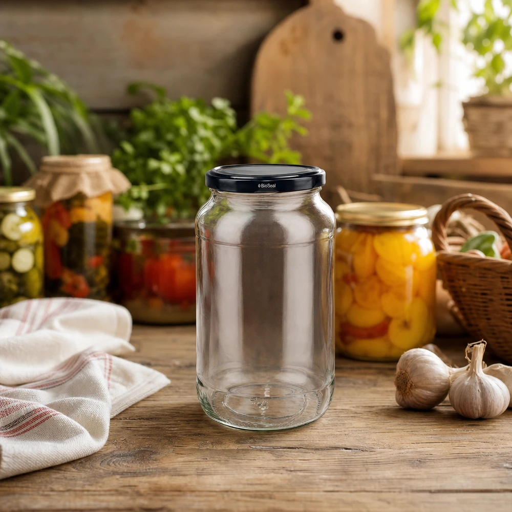 UNiTWIST Runda1062 con coperchio nero. Coperchio. TO82 BioSeal Barattolo rotondo UNiTWIST 1062 con coperchio TO82 BioSeal in una cucina rustica con barattoli per conserve ed erbe aromatiche
