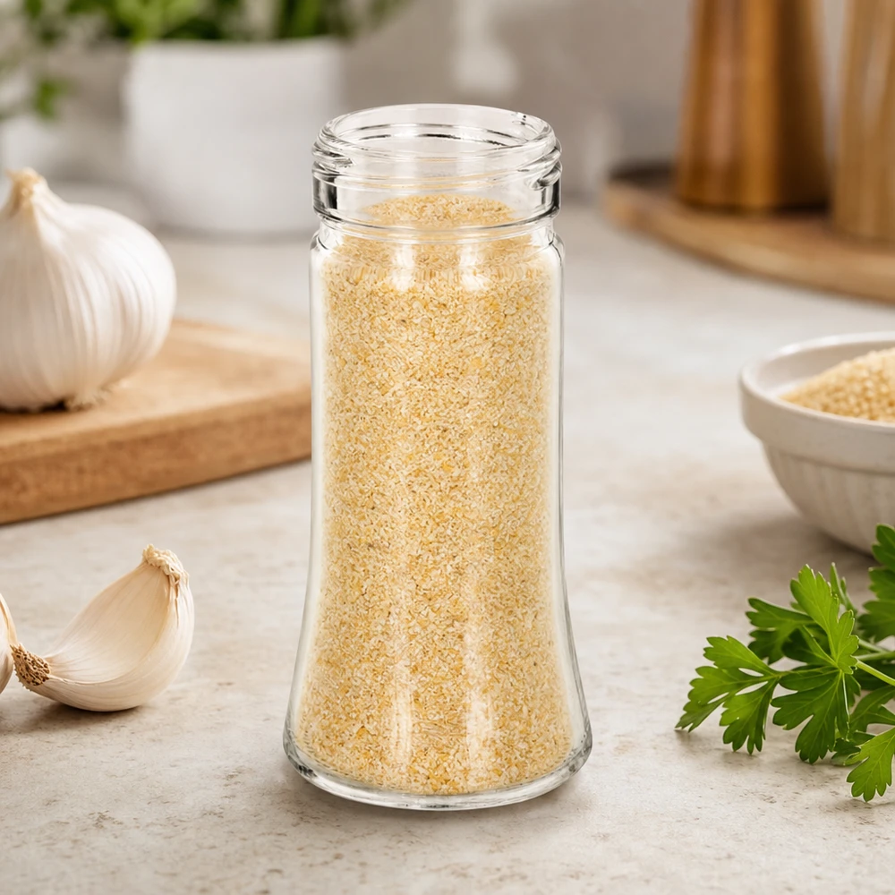 Barattolo per sale/spezie Bobby 95ml, filo 41mm vetro trasparente Barattolo per spezie Bobby da 95 ml riempito con aglio in granuli, accanto a spicchi d'aglio freschi e prezzemolo