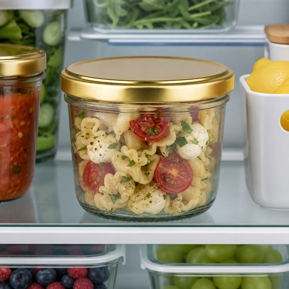 Bicchieri da 230 ml con coperchio BasicSeal oro UNiTWIST Bicchieri BasicSeal gold da 230 ml in frigorifero con insalata di pasta e altri contenitori per la conservazione.