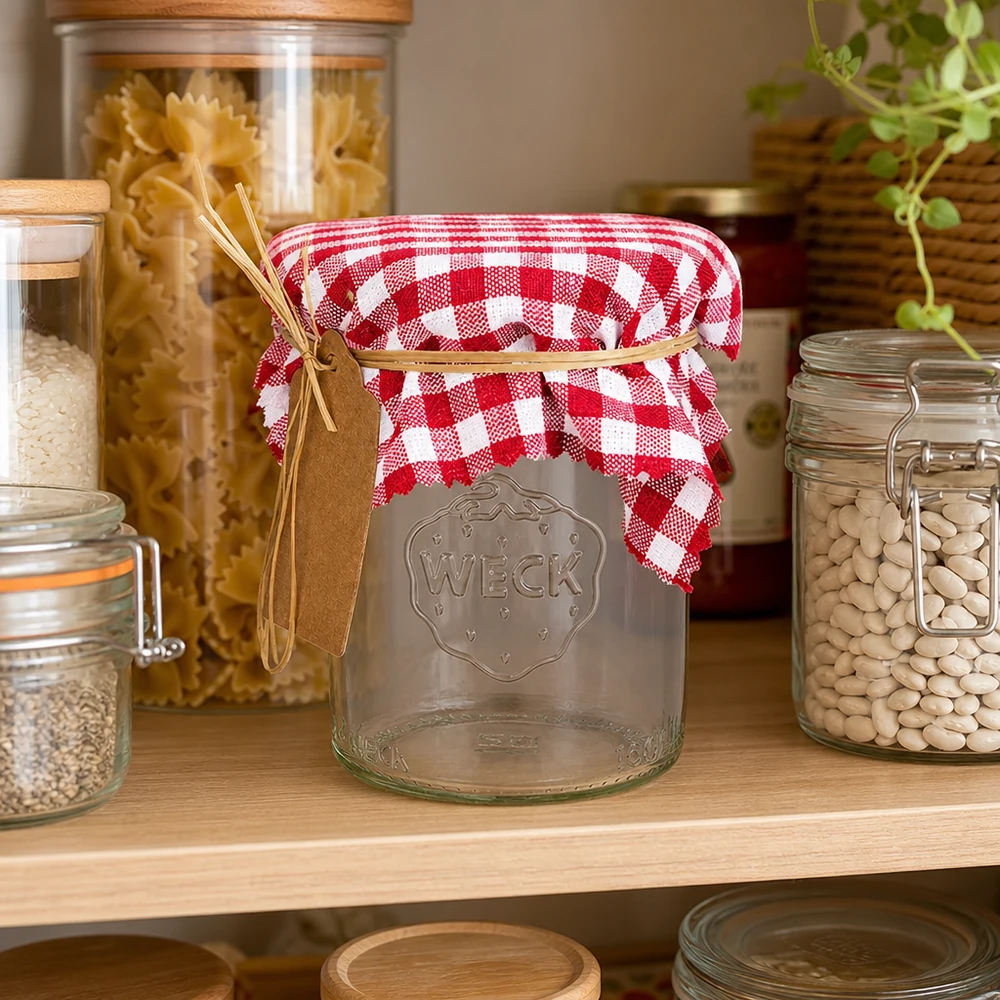 Centrino decorativo in tessuto bordeaux-chequered 12cm su vaso da conserva tra vasi di stoccaggio in cucina accogliente