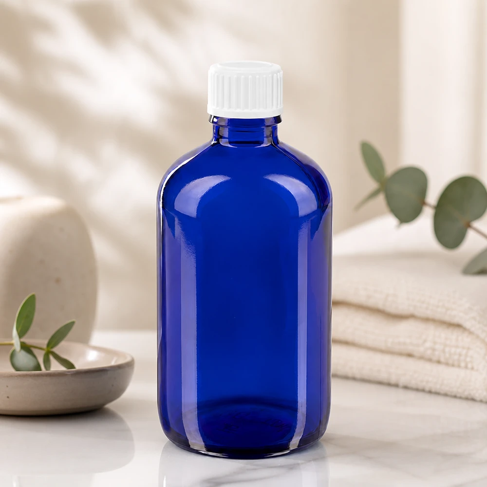 Flacone contagocce da 100 ml di colore blu cobalto con tappo a vite di sicurezza per bambini in plastica bianca
