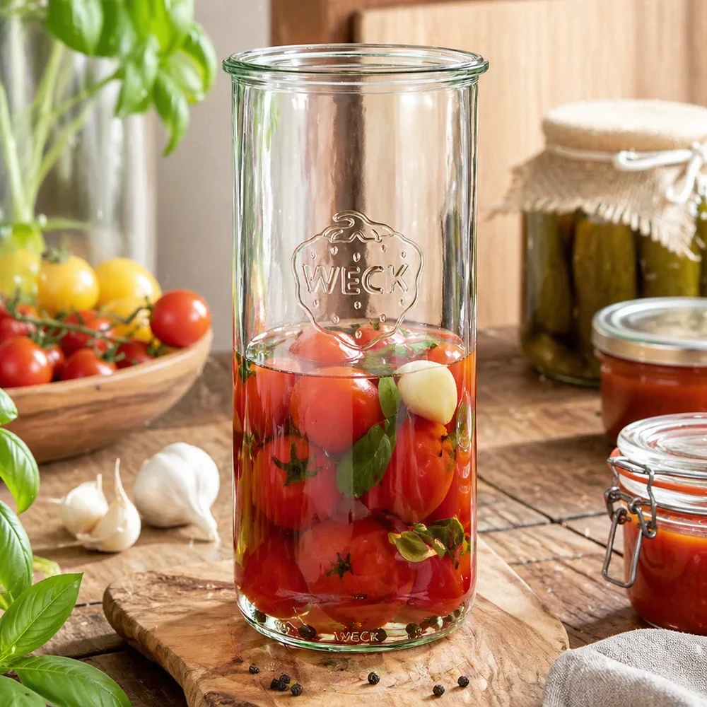 Vaso WECK RR100 da 1500 ml con pomodori in salamoia su una tavola di legno, circondato da pomodori freschi e barattoli di conserva