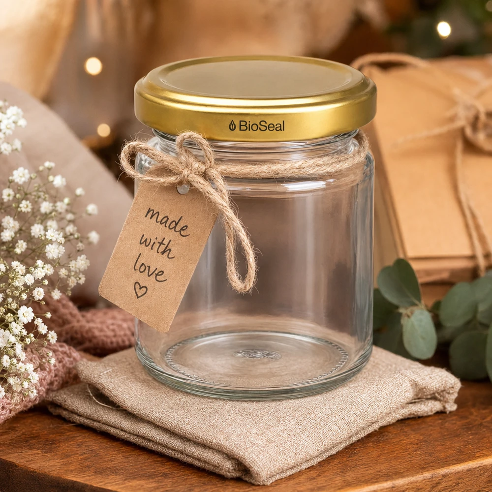 UNiTWIST Runda53 con coperchio dorato TO43 BioSeal Barattolo regalo UNiTWIST Runda53 con coperchio dorato TO43 BioSeal e targhetta scritta a mano Made with Love