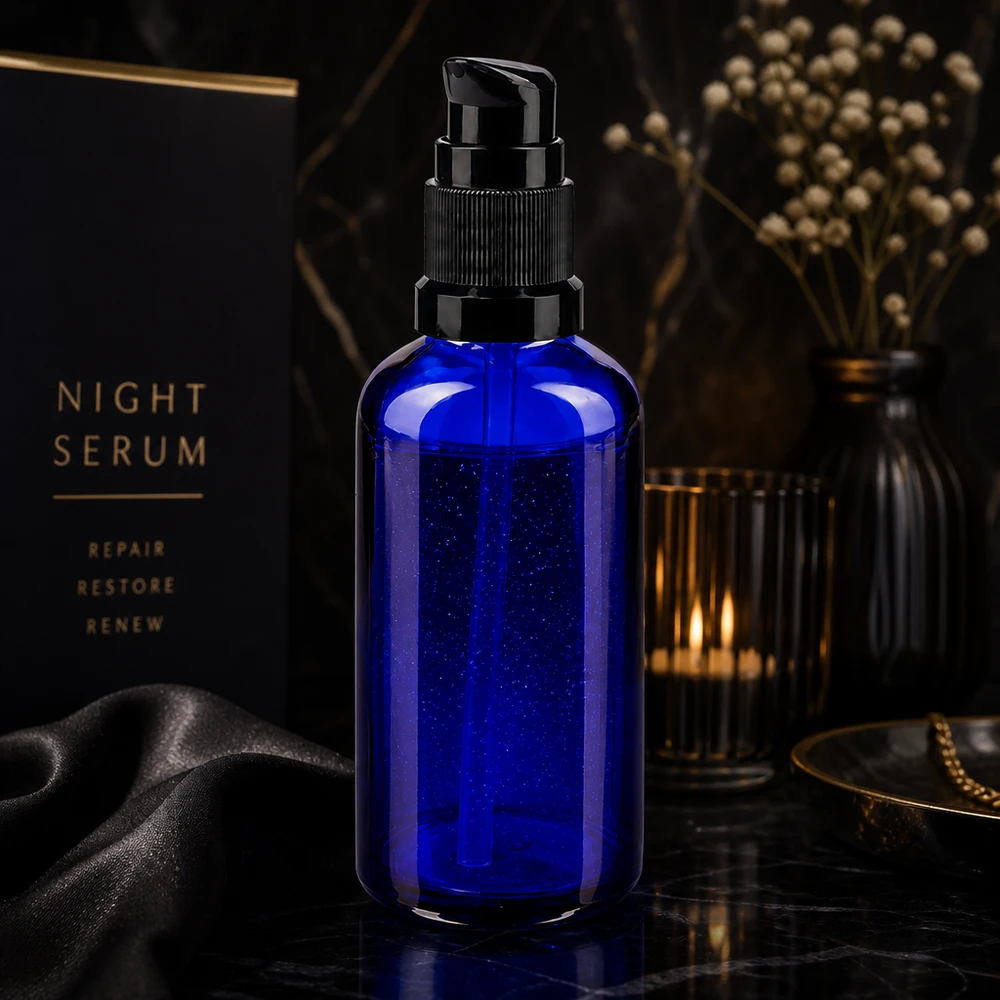 Elegante flacone in vetro da farmacia da 50 ml con dosatore a pompa, di colore blu con testina nera, per siero da notte