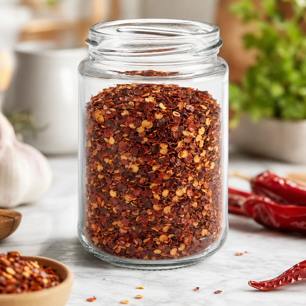 UNiTWIST Runda390 - Barattolo rotondo capacità 390ml TO70 UNiTWIST Runda390 barattolo rotondo 390ml TO70 riempito con mix di spezie al peperoncino in cucina con peperoncino
