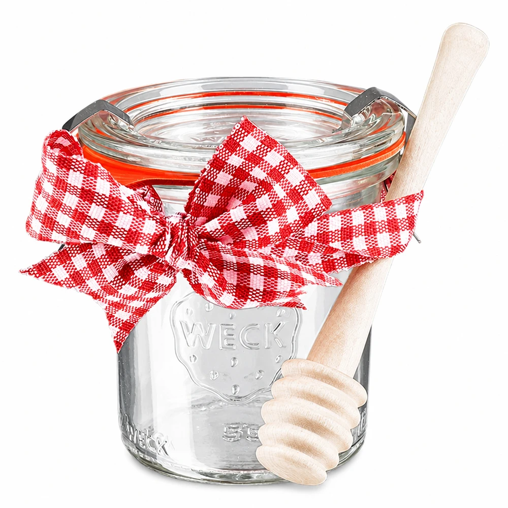 WECK mini vaso da mason 140ml con coperchio fiocco rosso e cucchiaio da miele in legno set completo per la conservazione dei vasetti