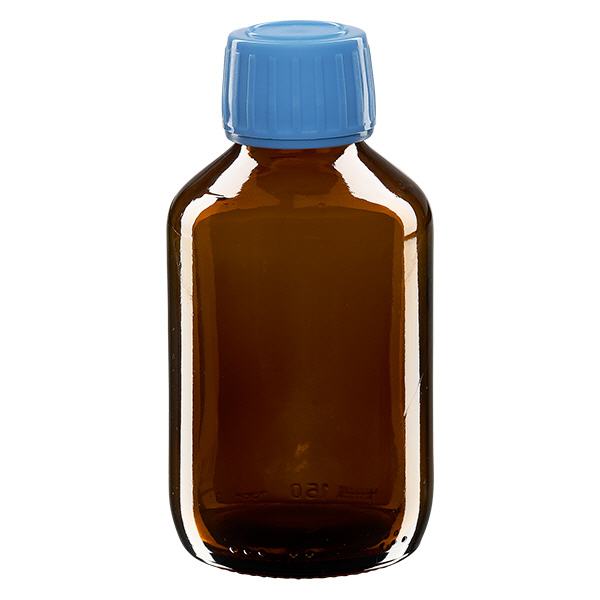 Flacone per medicinali da 150 ml marrone, tappo blu antimanomissione Flacone per medicinali da 150 ml marrone, tappo blu antimanomissione