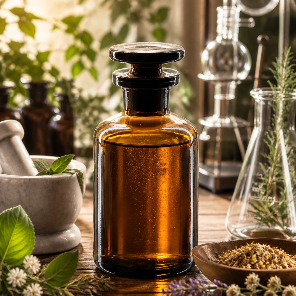 Piccola fiala da laboratorio a collo stretto da 50 ml in vetro ambrato con tappo in vetro molato, a prova di luce