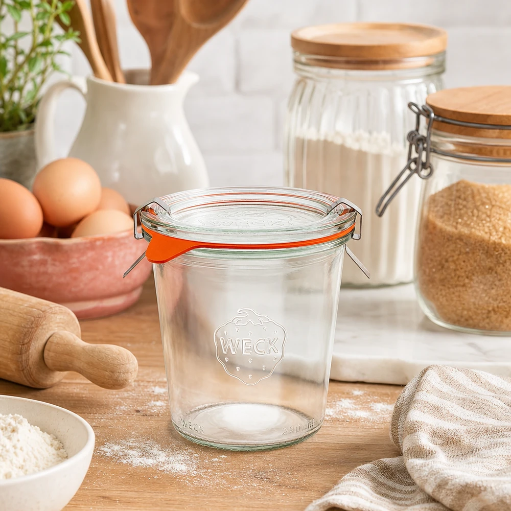 WECK tumbler 290ml RR80 vuoto in ambiente naturale con ingredienti da forno farina uova e utensili in legno