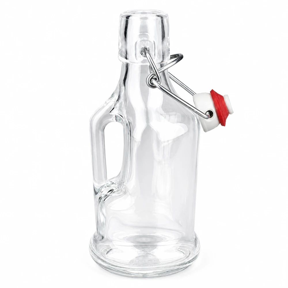Bottiglia in vetro da 200 ml Bertha e tappo a clip in porcellana UNiTWIST® Bottiglia in vetro Bertha 200ml con anello in gomma rossa sul tappo oscillante e maniglia Dettaglio vista laterale UNiTW