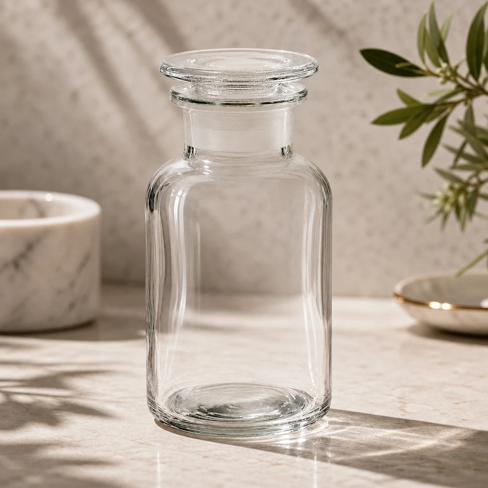 Bottiglia vuota a spalla arrotondata da 250 ml in vetro trasparente con collo largo e tappo in vetro a incastro