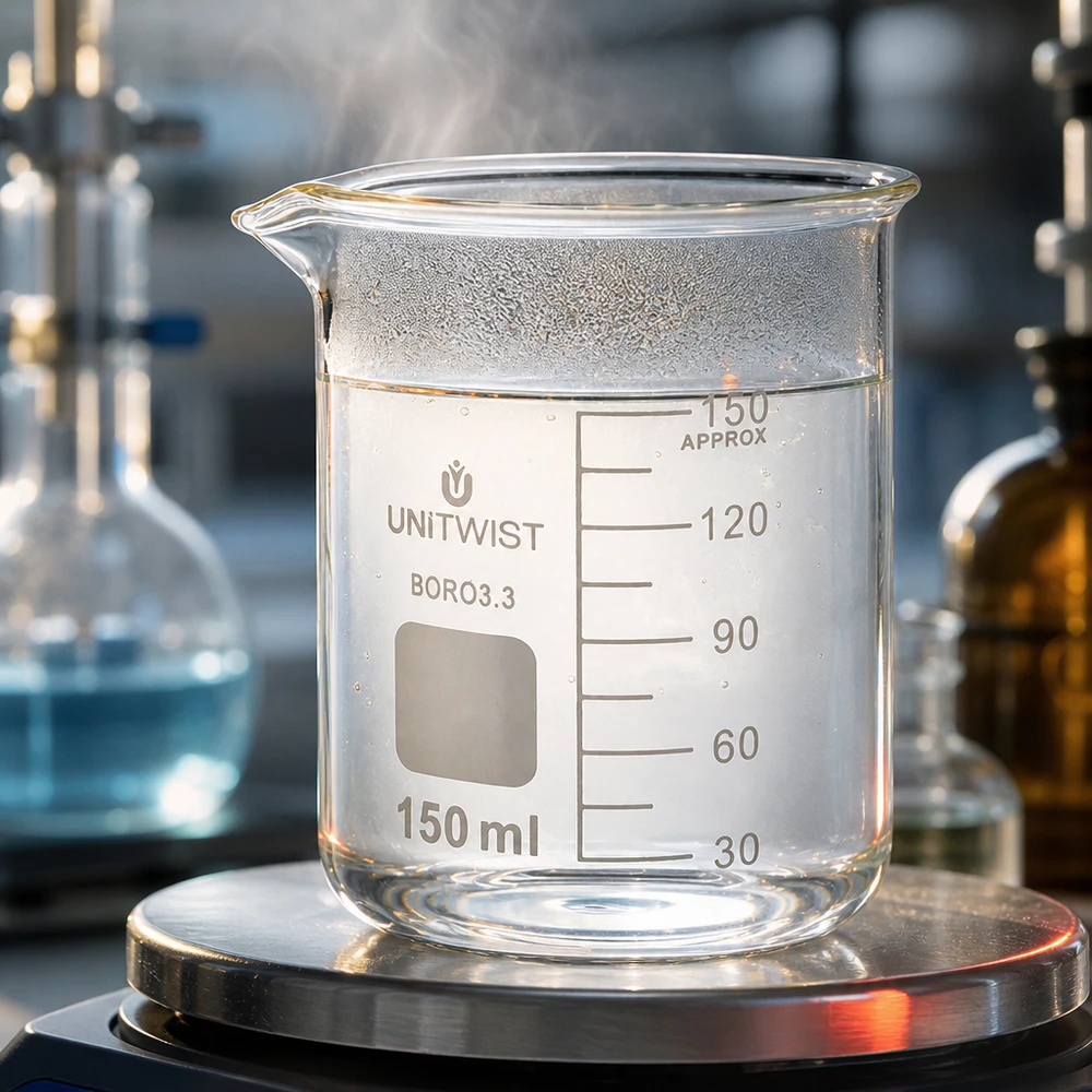 Bicchiere UNiTwist da 150 ml in borosilicato, di forma bassa, su bilancia da laboratorio con acqua calda e vapore