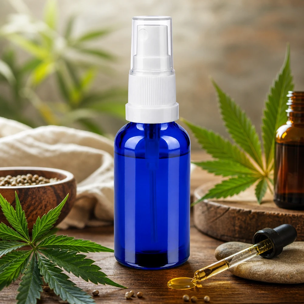 Flacone spray da 30 ml bianco/trasparente STD BlueLine UT18/30 Robusto flacone spray da 30 ml in vetro blu con attacco spray trasparente per estratti di piante