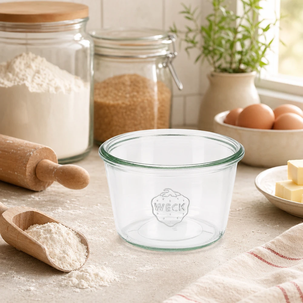 Barattolo in vetro WECK 370ml RR100 in cucina con ingredienti da forno e utensili da cucina