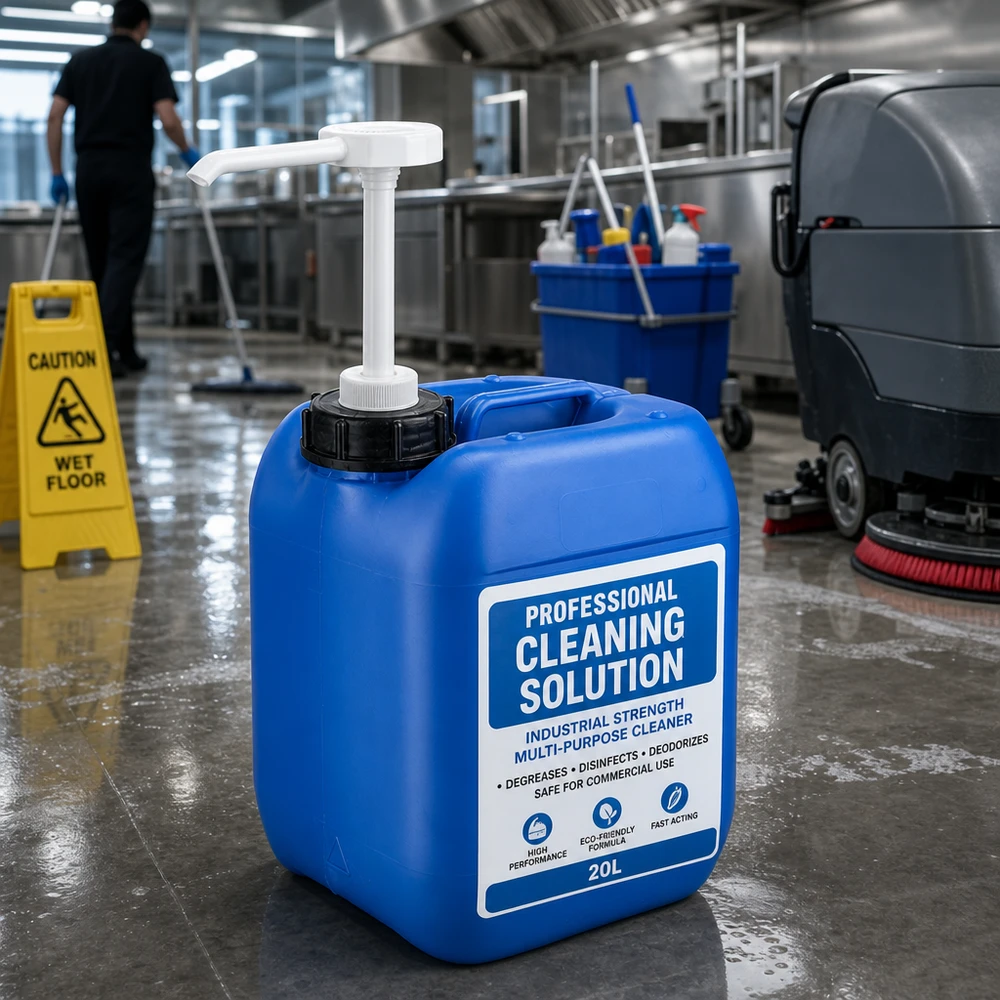 Tanica 5 litri blu con pompa dosatrice Tanica blu da 20 litri per detergenti con pompa dosatrice in una cucina industriale