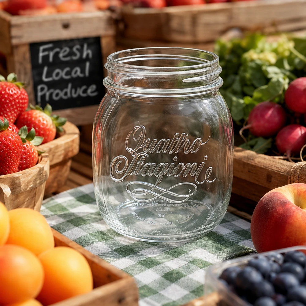 Bicchiere da 700 ml per uso domestico "Quattro Stagioni Bicchiere casalingo Quattro Stagioni da 700 ml su una tovaglia a scacchiera circondata da frutta e verdura fresca in cassette di legno