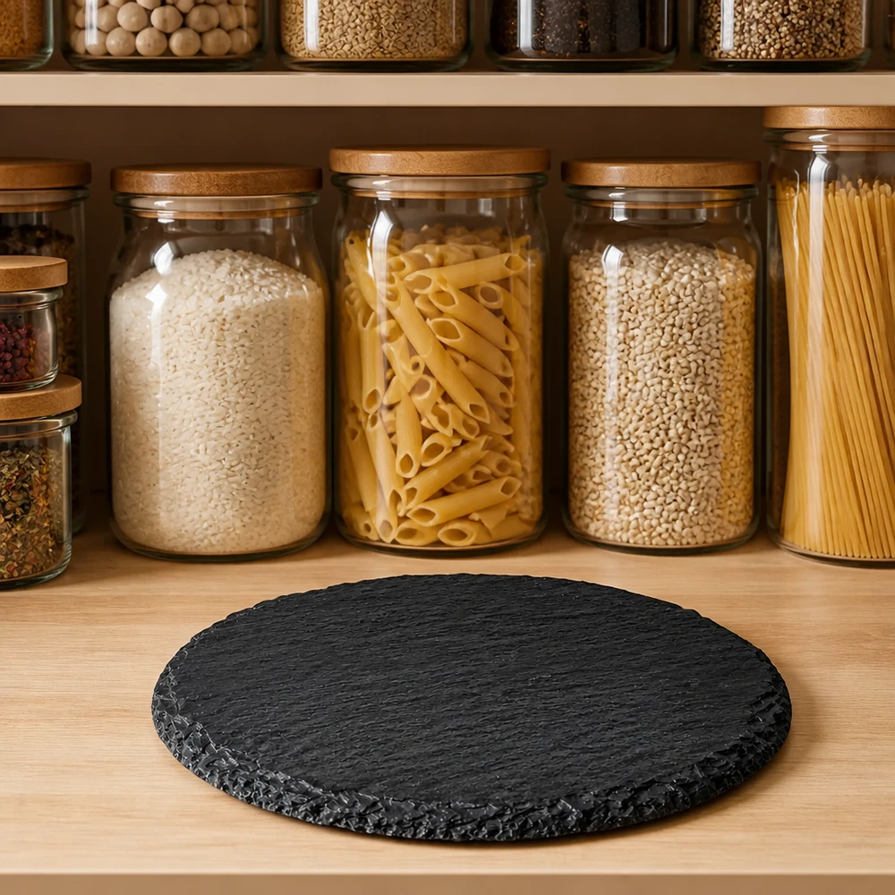 Piatto da portata rotondo in ardesia Ø 150 mm Lastra di ardesia rotonda 150 mm su ripiano in legno davanti alla dispensa con pasta e spezie in barattoli di vetro come piano di servizio naturale