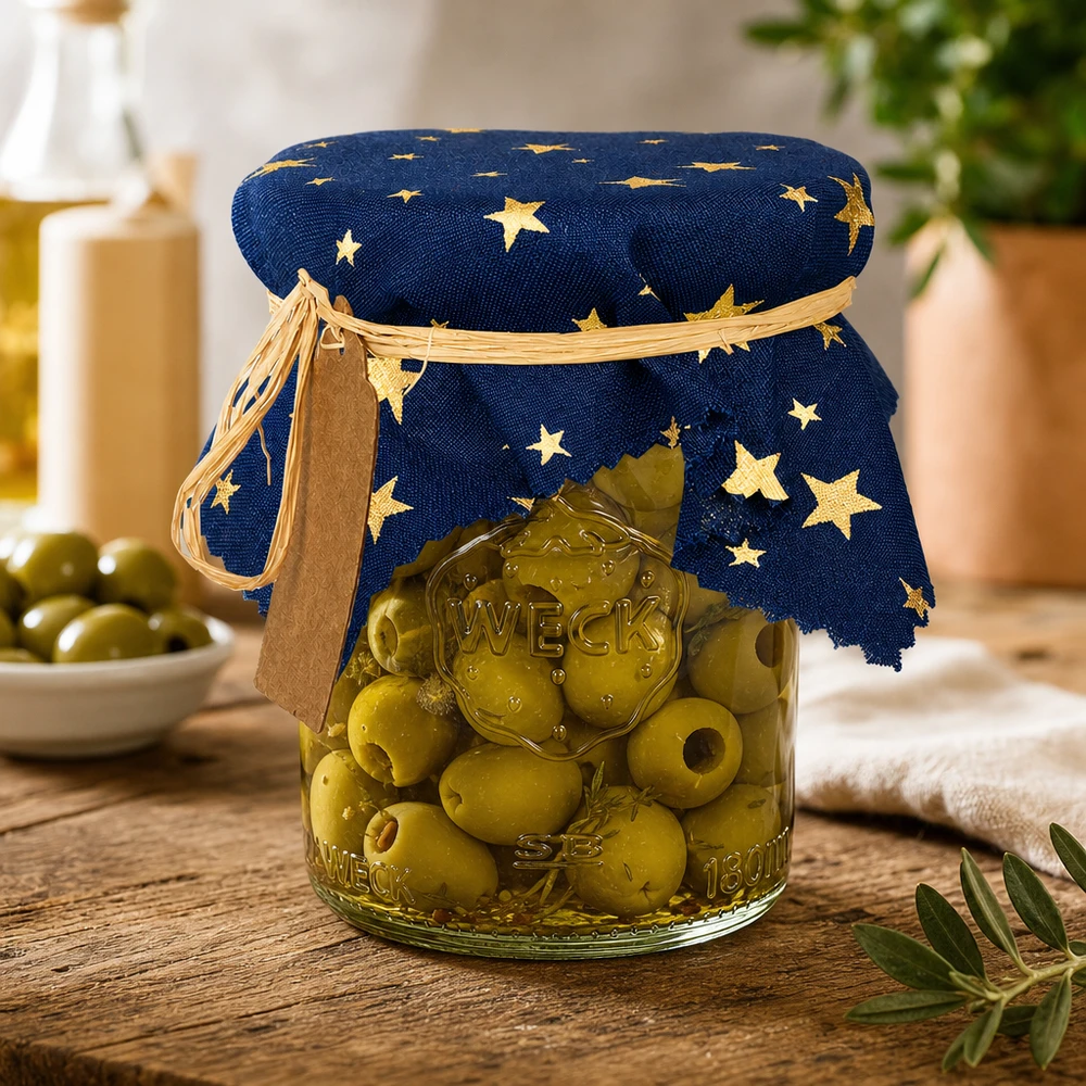 Centrino decorativo con motivo a stella su vetro oliva in cucina - Centrino in tessuto blu 15cm quadrato