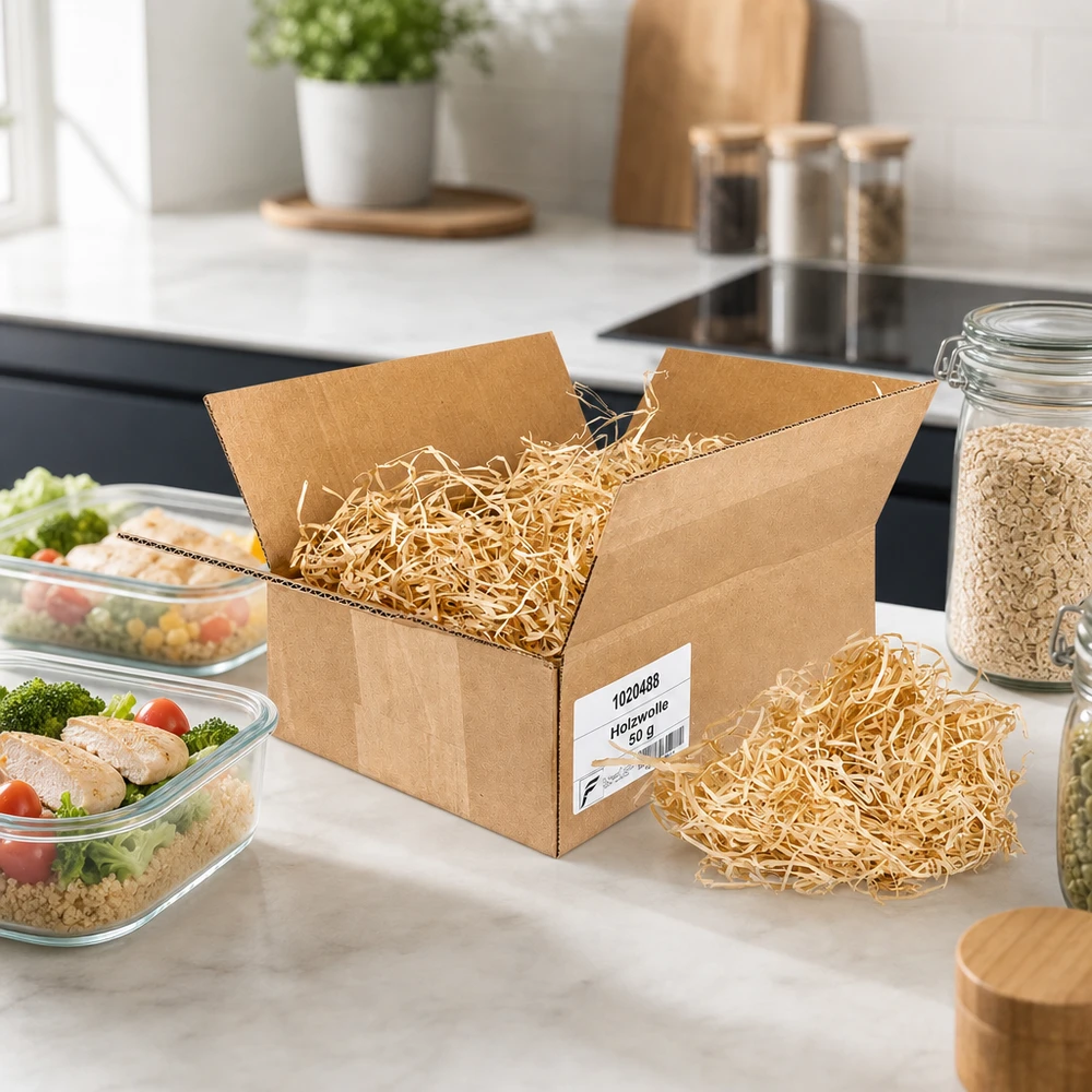 Lana di legno fine larga 2 mm 50 g come materiale di riempimento organico per il piano di lavoro della cucina con le scatole Meal Prep