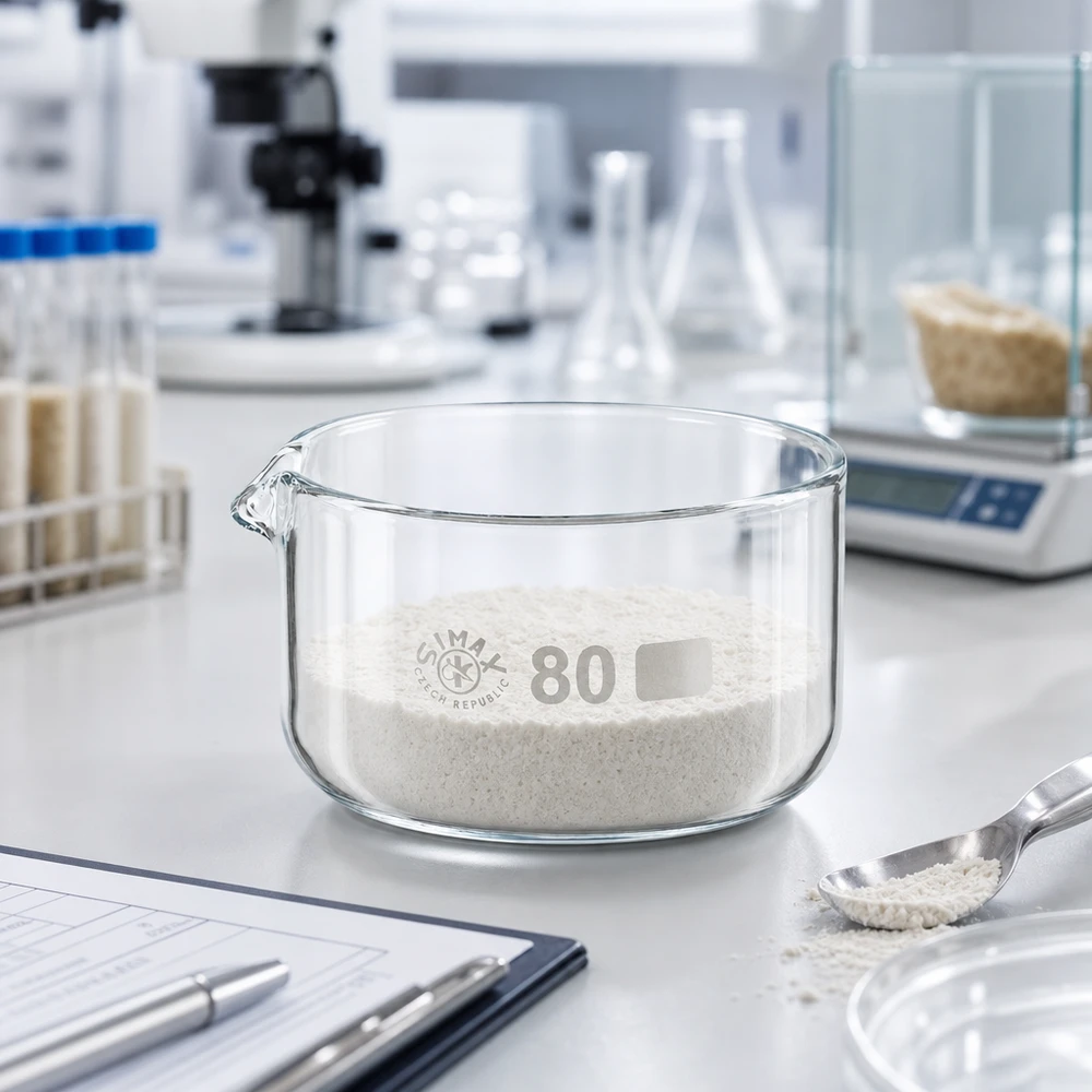 Piatto per cristallizzazione da 150ml con beccuccio Bo.. ø80mm Ciotola di cristallizzazione da 150 ml con polvere bianca su una bilancia da laboratorio e un microscopio sullo sfondo, ø 80 mm