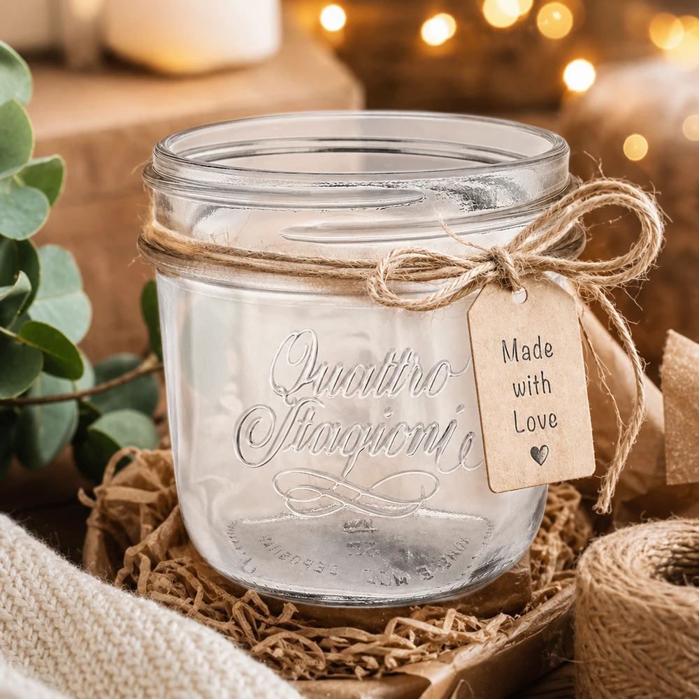 Vasetto per gioielli Quattro Stagioni da 200 ml con nastro di iuta e ciondolo Made with Love in decorazione rustica