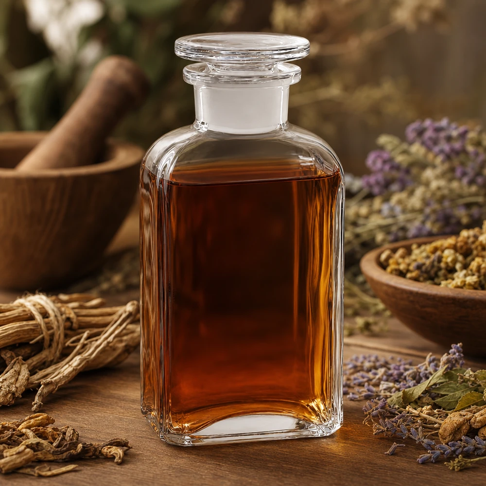 Flacone quadrato da 250 ml in vetro trasparente con erbe e tappo, per la medicina naturale e la fitoterapia
