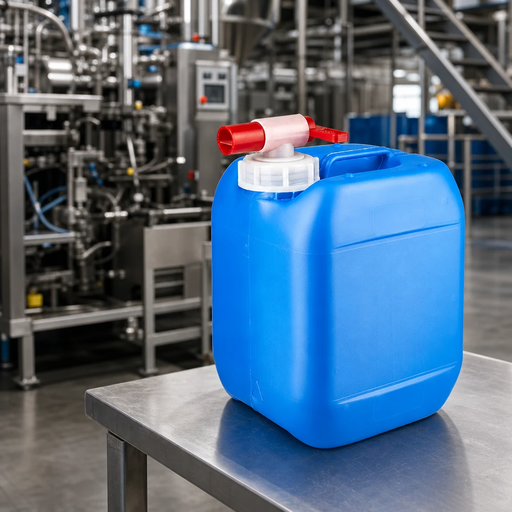 Tanica rettangolare da 5 litri, blu con rubinetto rosso, su un tavolo in acciaio inossidabile in un impianto industriale