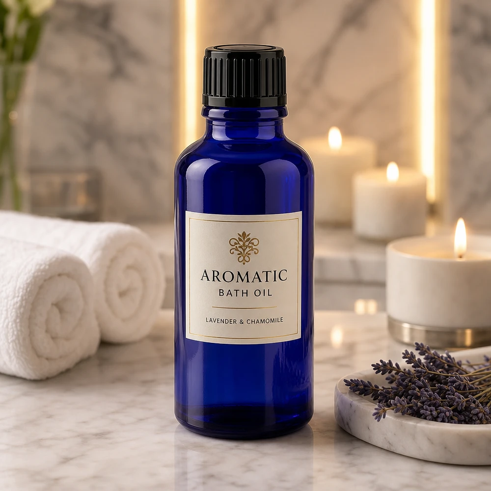 Flacone contagocce blu da 30 ml STD nero/1mm ApoGlas Flacone contagocce da 30 ml blu cobalto con tappo nero su una superficie di marmo, accanto a candele e fiori di lavanda