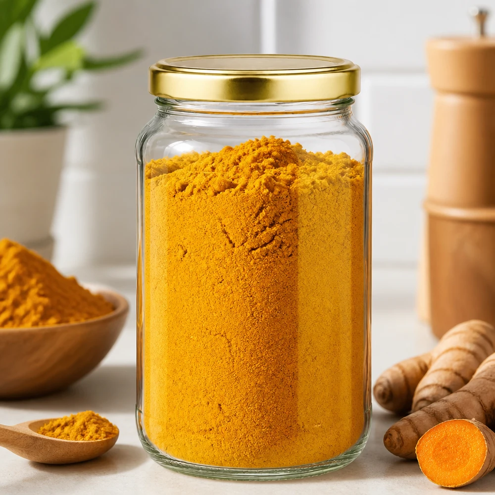Vaso rotondo da 1700 ml con coperchio BasicSeal oro UNiTWIST Barattolo rotondo da 1700 ml con coperchio BasicSeal dorato riempito di polvere di curcuma mostra un pratico uso in cucina