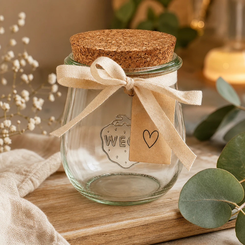 Vaso per tulipani da 220 ml WECK RR60 con tappo in sughero naturale Vaso WECK a tulipano 220ml RR60 confezionato in modo decorativo con fiocco e cartellino regalo su un tavolo di legno