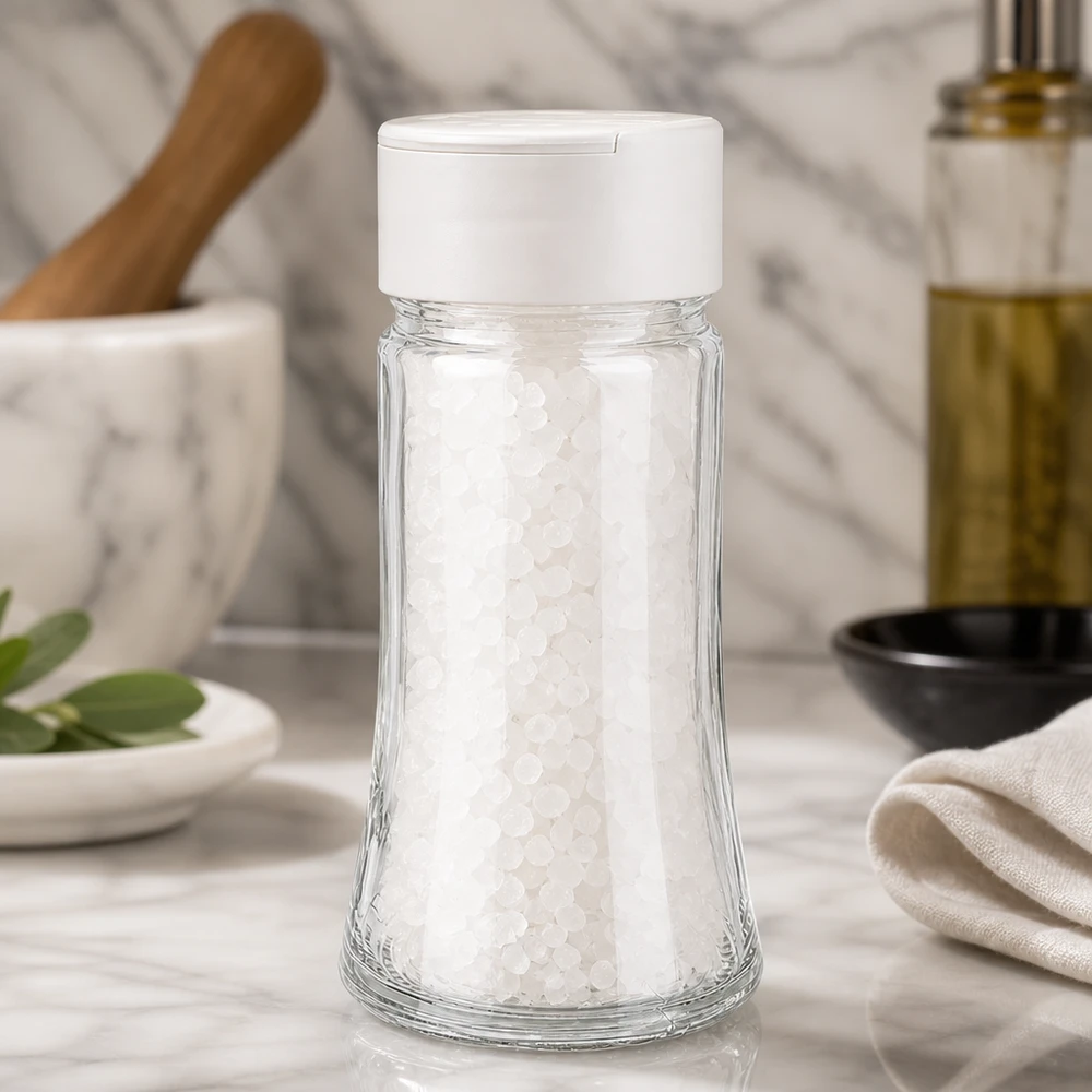 Barattolo per sale e spezie da 95 ml con doppio dosatore, bianco Vaso portasale e spezie da 95 ml con doppio dosatore bianco, riempito con sale marino grosso su base in marmo