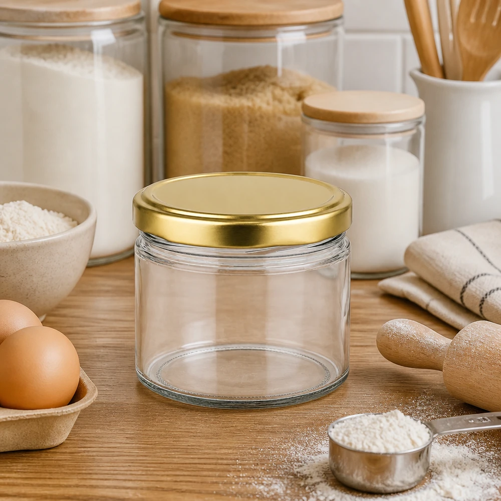 Barattolo rotondo da 540 ml con coperchio BasicSeal oro UNiTWIST Barattolo rotondo da 540 ml con coperchio BasicSeal dorato in una cucina moderna tra barattoli di stoccaggio e ingredienti da forno