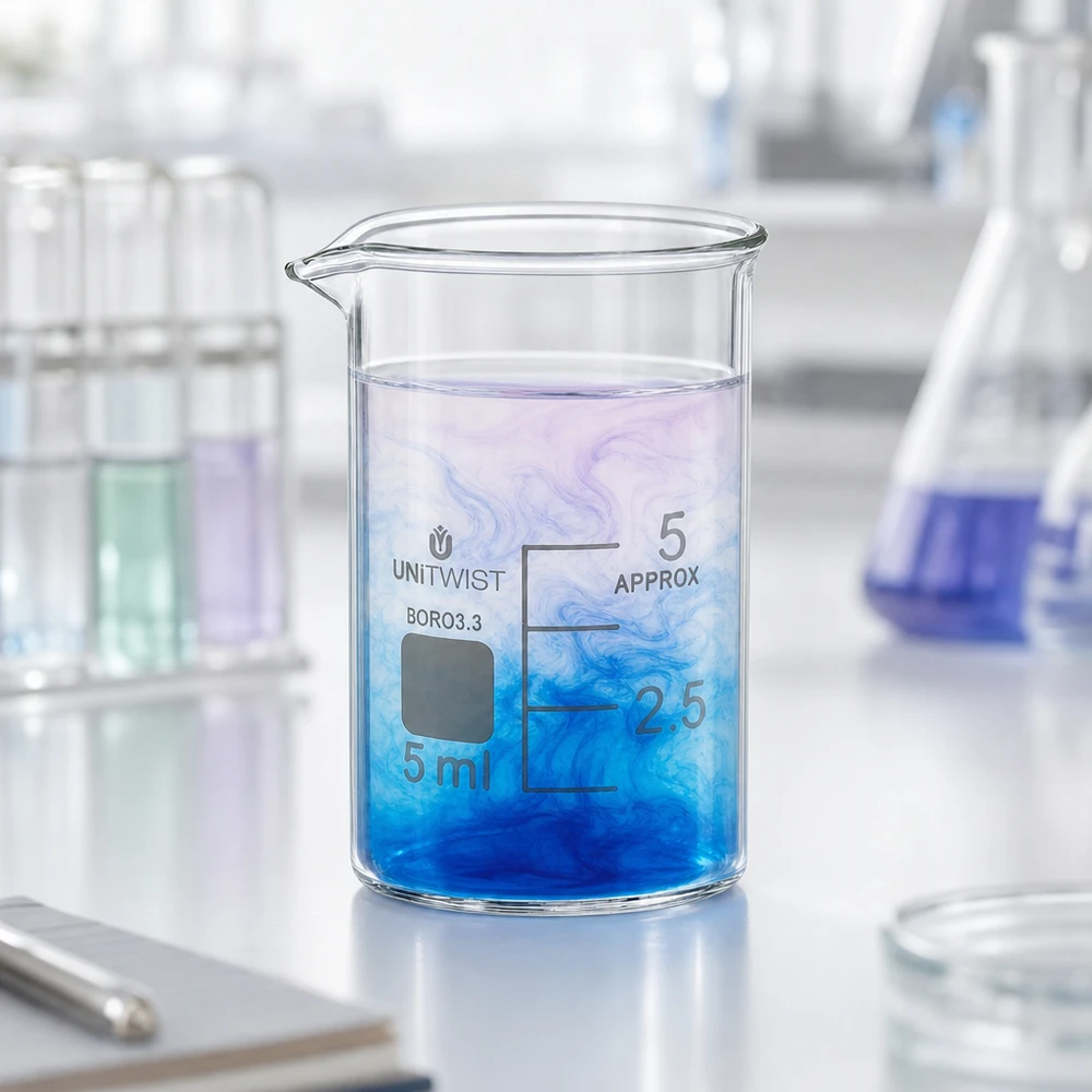 Piccolo becher da laboratorio da 5 ml in borosilicato 3.3 con sfumatura blu e graduazione