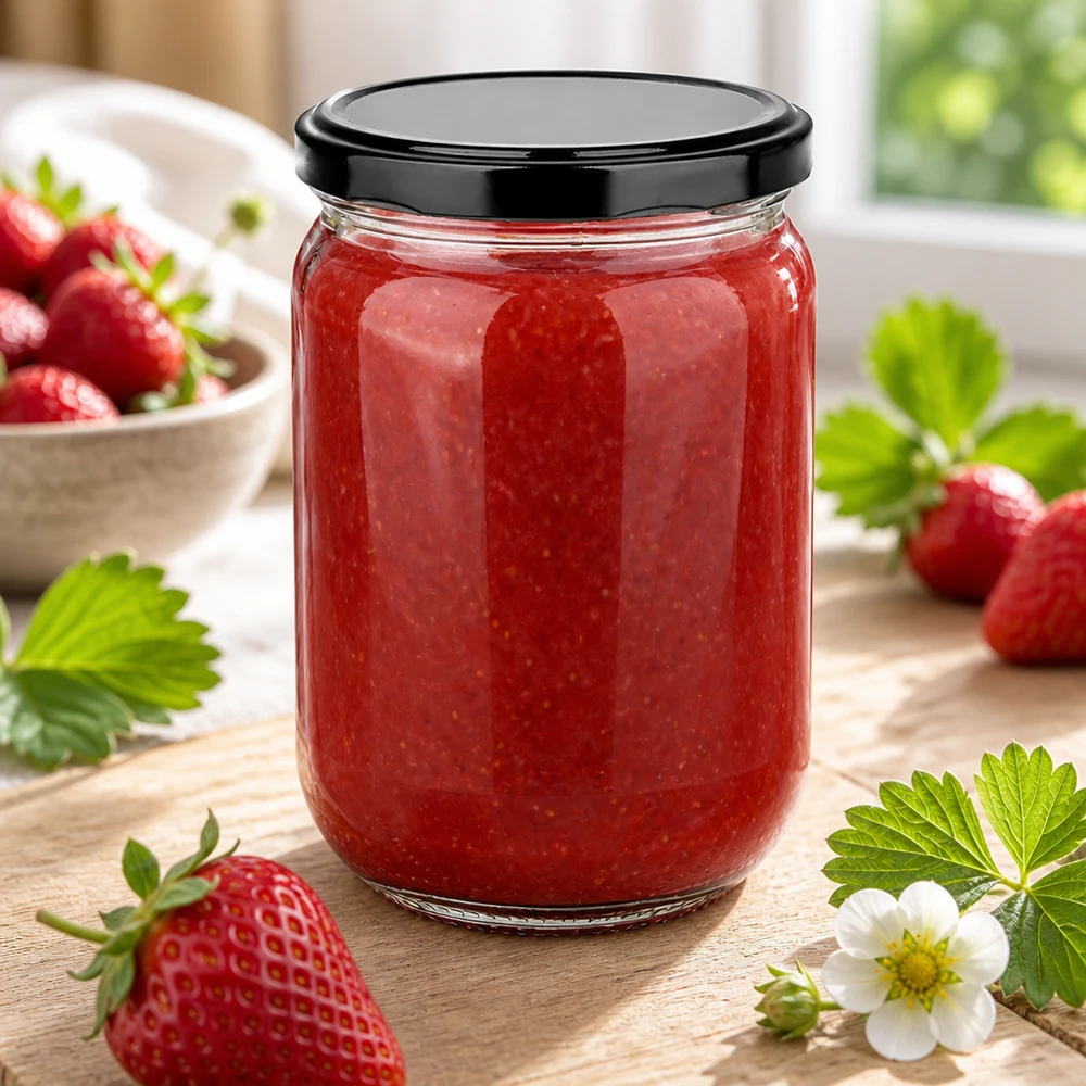 Barattolo trasparente da 555 ml con coperchio a vite nero, pieno di purea di fragole – primo piano