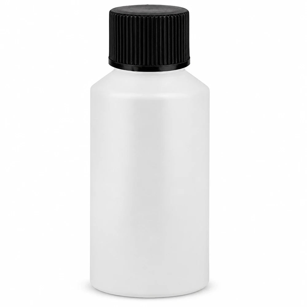 Flacone da farmacia compatto in HDPE adatto al contatto con gli alimenti, da 50 ml, bianco con tappo nero