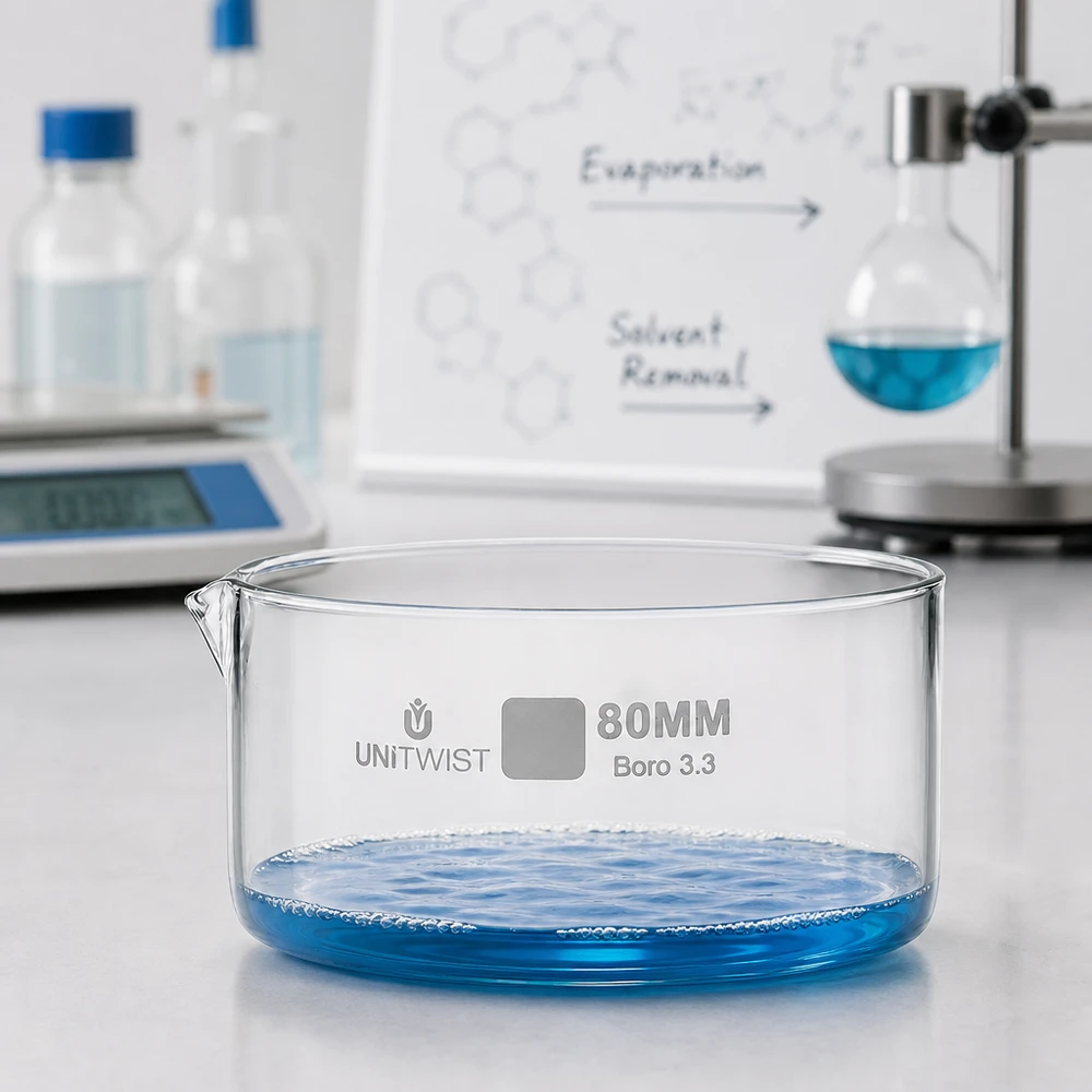 Piatto per cristallizzazione ø80 mm in vetro borosilicato UNiTWIST Ciotola di cristallizzazione UNiTWIST, ø 80 mm, in vetro borosilicato 3.3 con liquido blu su un piano da laboratorio bianco