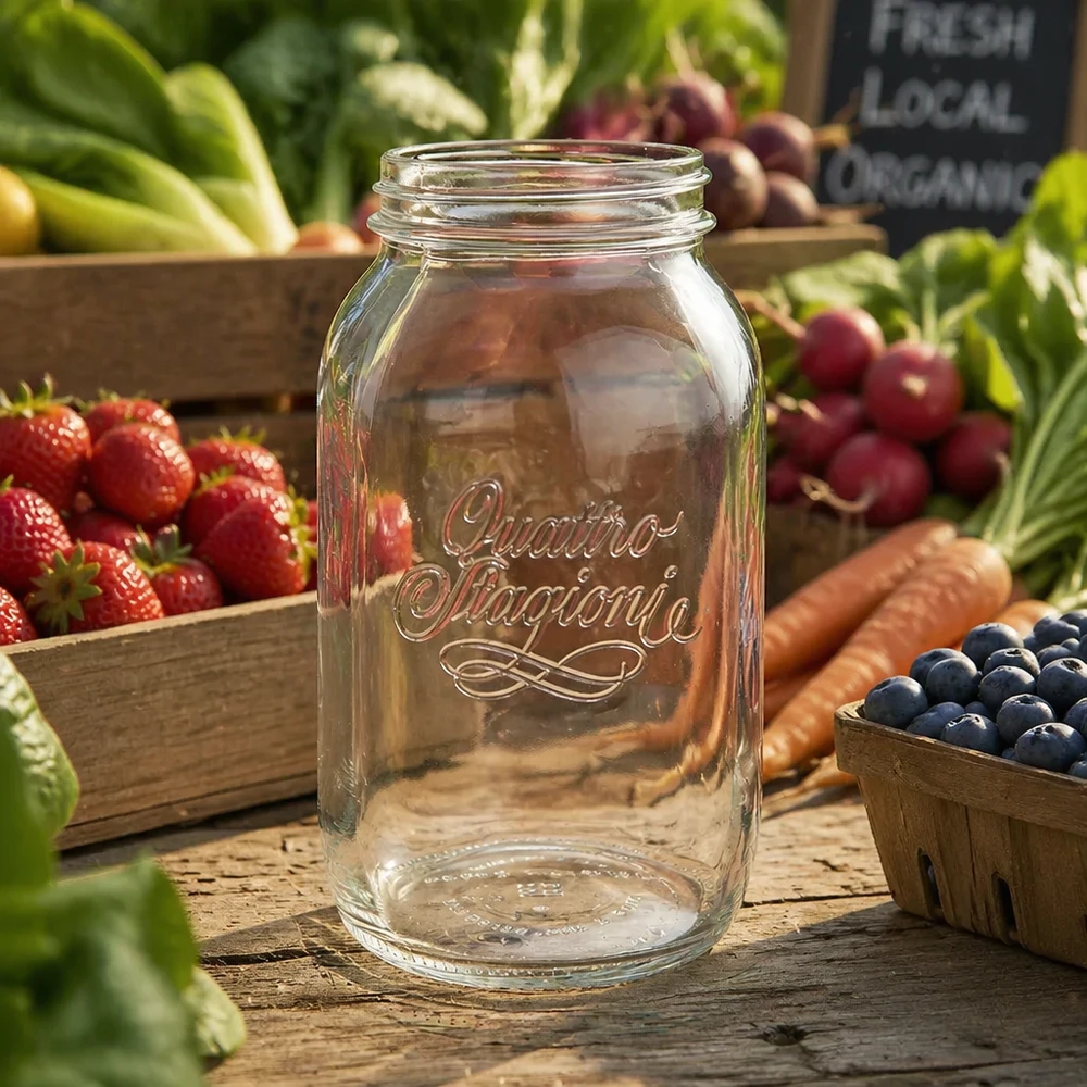 Bicchiere da 1500ml per uso domestico "Quattro Stagioni Barattolo per conserve domestiche Quattro Stagioni da 1500 ml su tavolo di legno con frutta e verdura fresca sullo sfondo