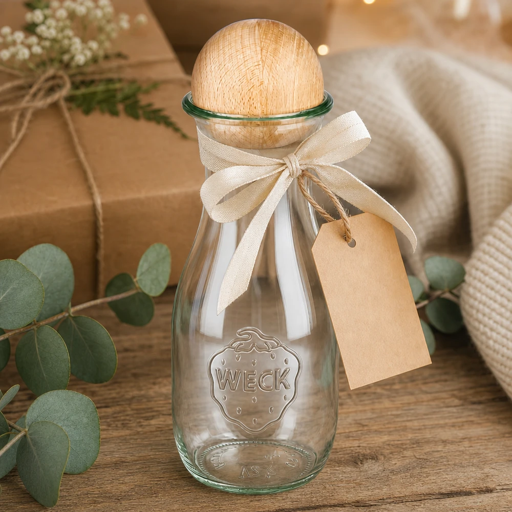 Bottiglia di succo WECK da 530 ml confezionata con fiocco ed etichetta accanto a eucalipto e decorazioni
