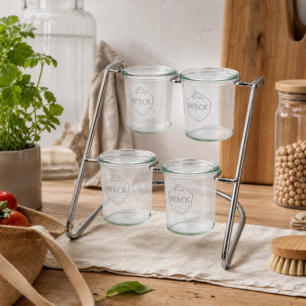 Flato4 portavivande su tavolo in legno con vasetti WECK vuoti - design minimalista per la decorazione naturale della cucina