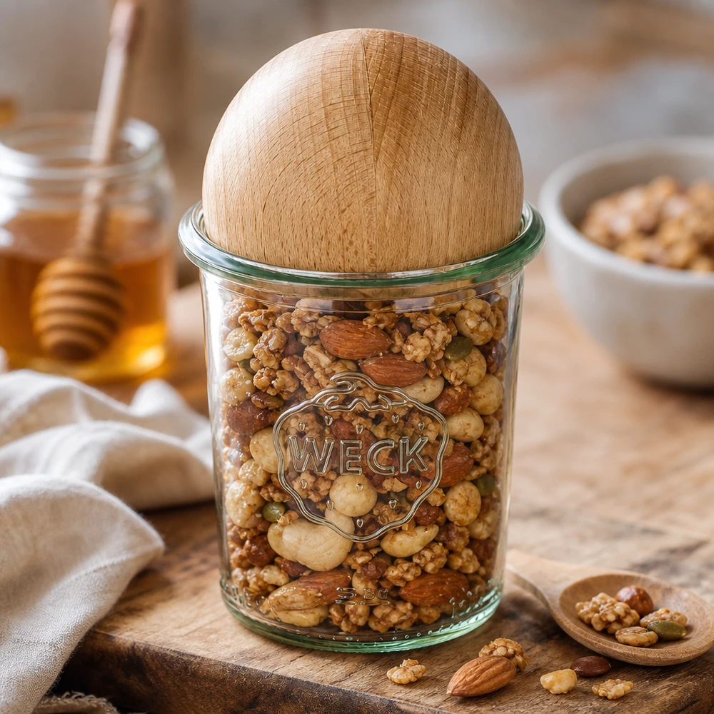 WECK RR60 Bicchieri da 160 ml con sfera di faggio riempita di noci, disposta in modo decorativo su una tavola di legno con miele