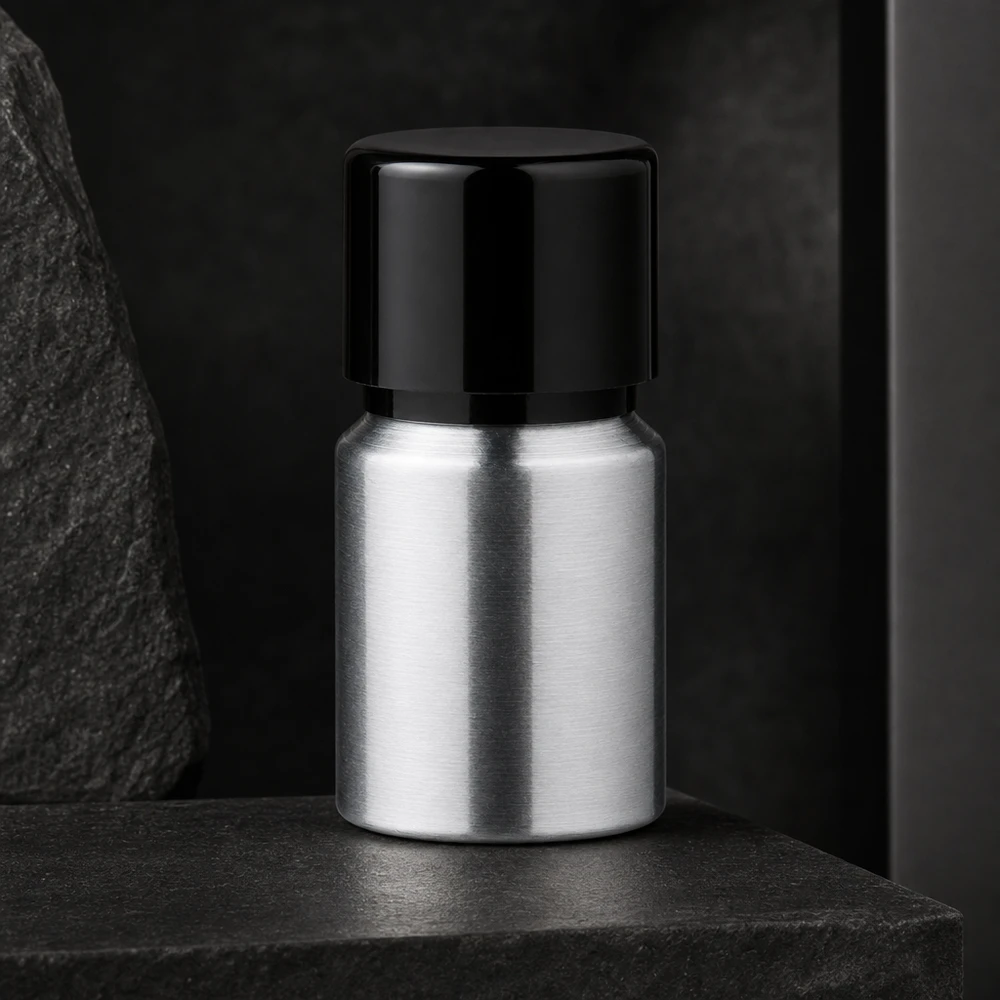 Flacone leggero in alluminio da 10 ml con protezione UV e tappo a prova di perdite per cosmetici naturali