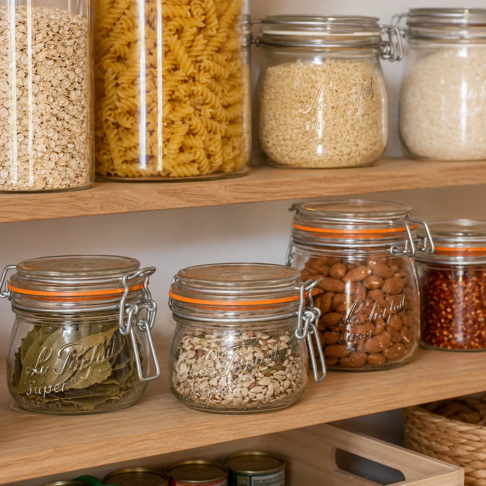 Barattolo Le Parfait da 250 ml con tappo girevole per una dispensa organizzata con pasta noci e spezie