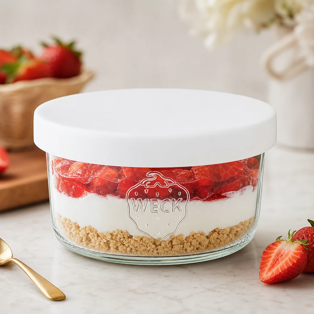Barattolo WECK 165ml RR80 con coperchio in silicone bianco riempito come dessert alla fragola in look stratificato con cucchiaio dorato